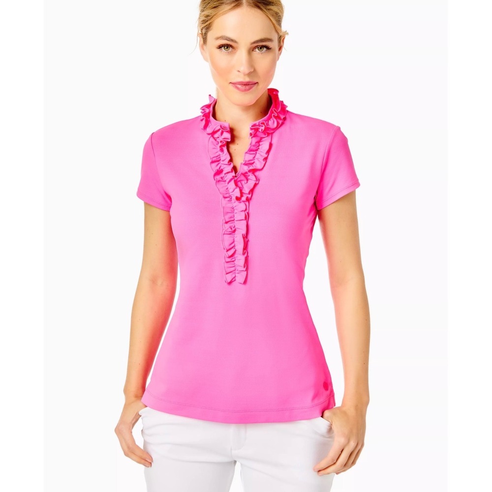 Lilly Pulitzer Luxletic Frida Ruffle Hot Pink Polo Shirt UPF 50+ Size S Preppy